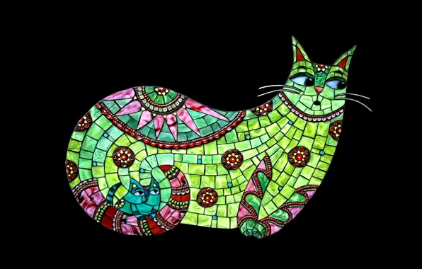 Picture abstraction, minimalism, black background, picture, the stained glass pattern, Tiffany style, cat with kitten