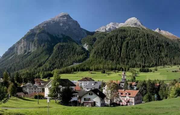 Picture trees, mountains, home, Switzerland, valley, village, Alps, Switzerland, The bergu, Bergün, Albula Alps