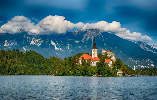 Picture forest, clouds, mountains, lake, island, Slovenia, Lake Bled, Slovenia, Lake bled, Bled, Assumption of Mary …