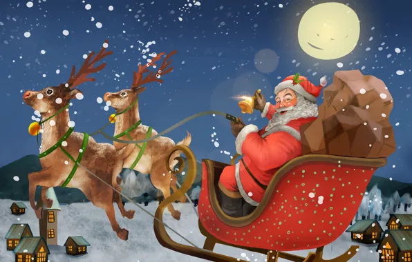 Picture Winter, Night, The moon, Christmas, New year, Santa Claus, Deer, Bell, Sleigh, Развозит подарки