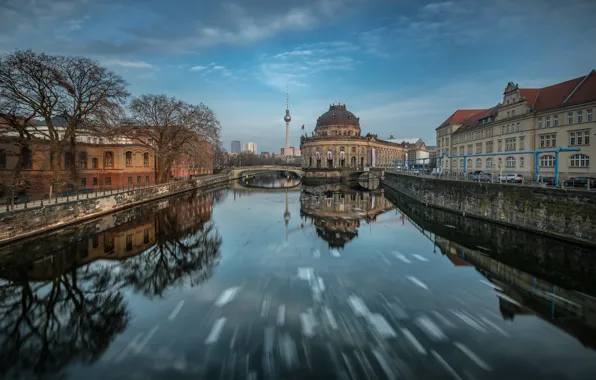 Picture the sky, bridge, the city, reflection, river, building, Germany, channel, architecture, promenade, Berlin