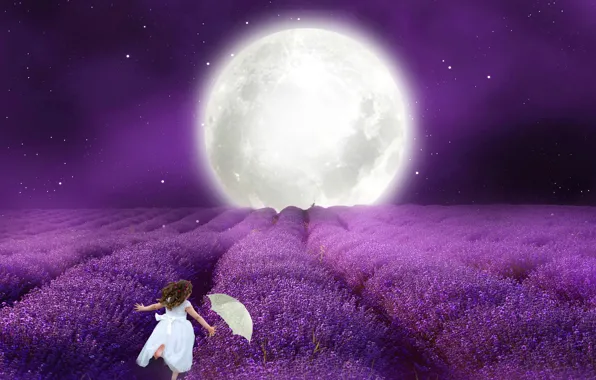 Picture night, umbrella, The moon, white dress, little girl, lavender pod