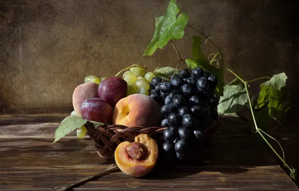 Picture grapes, fruit, still life, peaches, plum