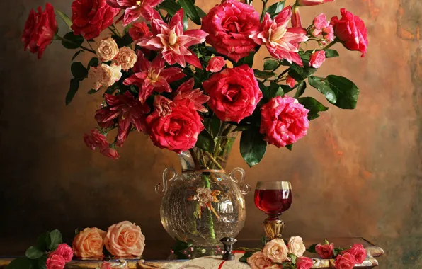 Picture flowers, style, Lily, glass, roses, bouquet, vase, still life, Andrey Morozov