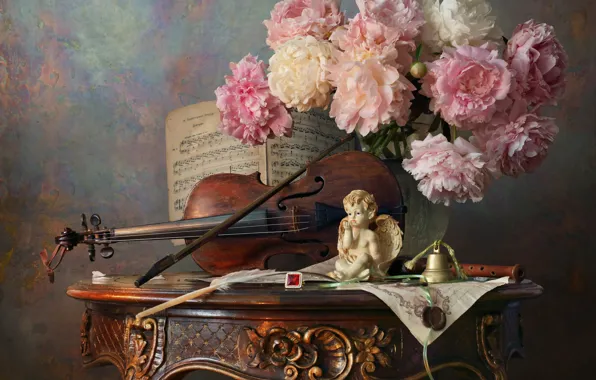 Picture flowers, style, notes, violin, bouquet, figurine, still life, bell, bow, peonies, angel, Andrey Morozov