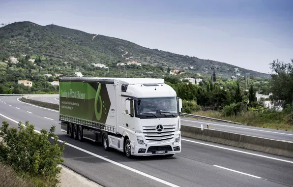 Picture white, hills, vegetation, Mercedes-Benz, track, tractor, 4x2, Actros, the trailer