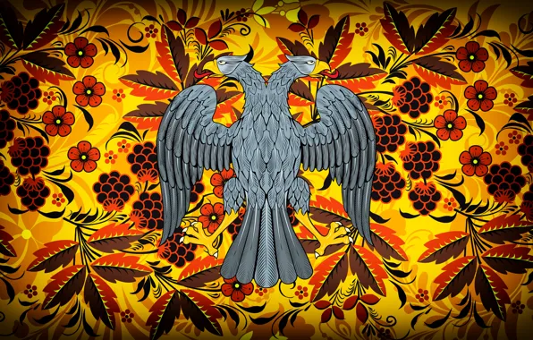 Picture Flowers, Bird, Style, Eagle, Background, Coat of arms, Painting, Art, Khokhloma, Double-headed eagle, Khokhloma painting, …