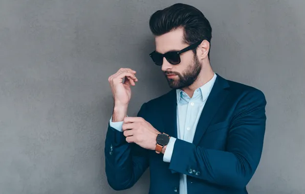 Picture style, background, wall, watch, glasses, hairstyle, costume, male, shirt, beard, guy, jacket