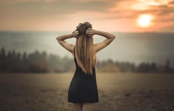 Picture girl, sunset, hair, back, figure, dress, Jiri Tulach