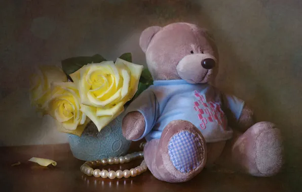 Picture joy, flowers, table, toy, roses, bear, pearl, beads, still life