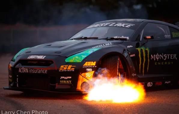 Picture fire, flame, Nissan, GT-R, drift, Monster Energy, R35, Larry Chen