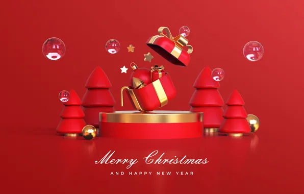 Picture balls, gift, Christmas, New year, red background, Christmas trees