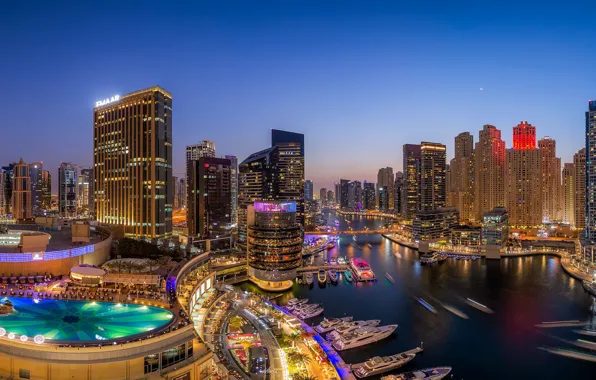 Picture building, Bay, yachts, pool, panorama, Bay, Dubai, night city, Dubai, skyscrapers, UAE, UAE, Dubai Marina, …