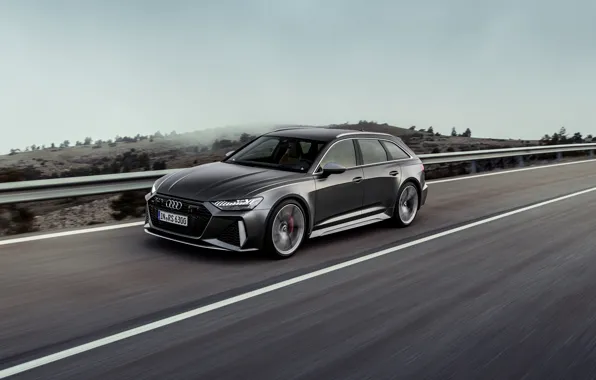 Picture road, Audi, the fence, universal, RS 6, 2020, 2019, dark gray, V8 Twin-Turbo, RS6 Avant