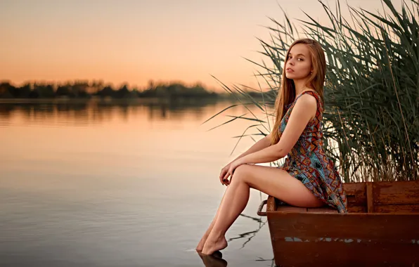 Picture look, sunset, nature, sexy, pose, river, shore, model, boat, portrait, makeup, figure, dress, hairstyle, reed, …