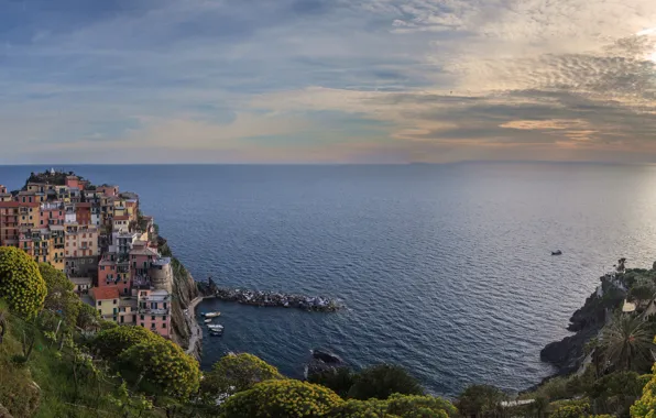 Picture sea, coast, building, home, Bay, horizon, Italy, panorama, Italy, The Ligurian sea, Manarola, Manarola, Cinque …