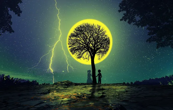 Picture night, tree, the moon, romance, silhouettes