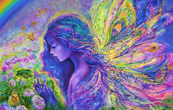 Picture bright colors, butterfly, flowers, surrealism, wings, picture, spring, clover, painting, Josephine Wall, canvas, images, fantasy …