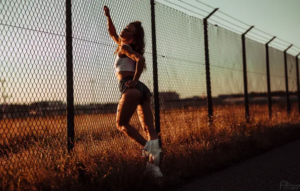 Picture field, grass, girl, the sun, sexy, pose, model, the fence, shorts, makeup, Mike, figure, slim, …