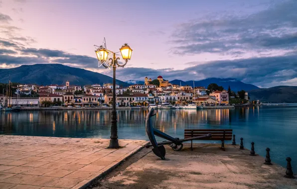 Picture sea, mountains, bench, building, home, the evening, Greece, lantern, promenade, anchor, Greece, The Gulf of …