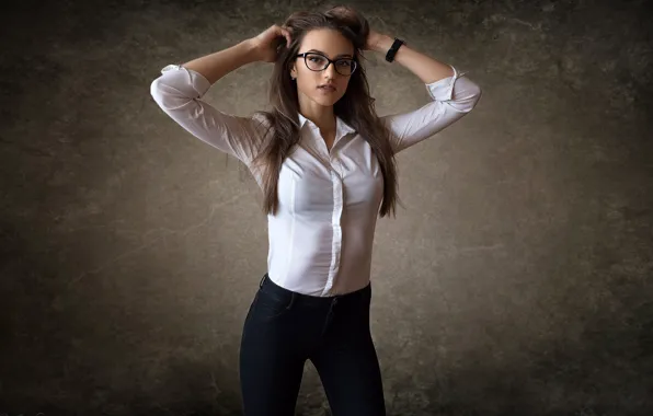 Picture background, model, portrait, jeans, makeup, figure, slim, glasses, hairstyle, blouse, brown hair, beauty, Dmitry Sn, …