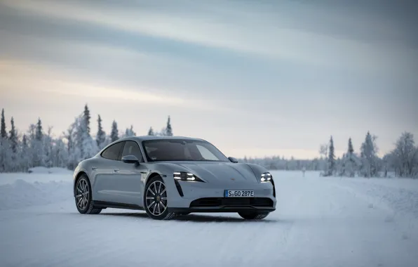 Picture snow, grey, Porsche, on the road, 2020, Taycan, Taycan 4S