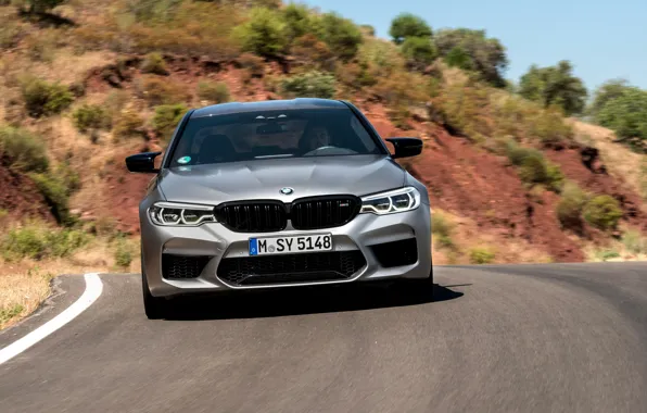 Picture asphalt, grey, movement, BMW, sedan, front view, 4x4, 2018, four-door, M5, V8, F90, M5 Competition