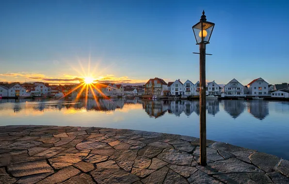 Picture sunset, the evening, Norway, lantern, houses, Skudeneshavn