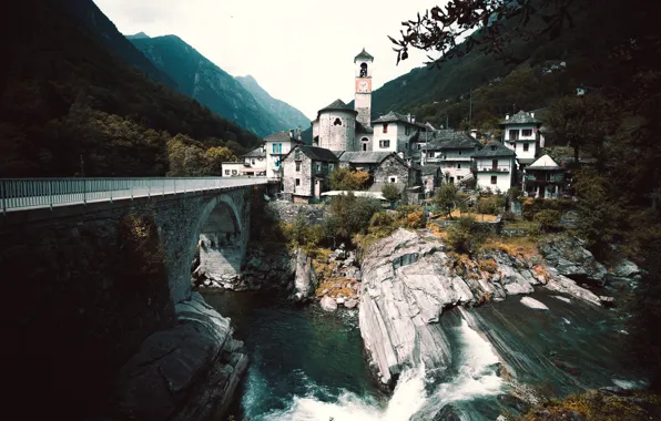 Picture landscape, mountains, bridge, nature, river, home, Switzerland, valley, Alps, village, Lavertezzo, Lavertezzo, Valle Verzasca, Verzasca, …