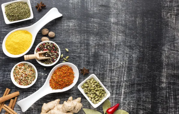 Picture spoon, pepper, nuts, cinnamon, spices, ginger, spoon, paprika