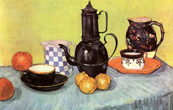 Picture table, apples, kettle, lemons, Vincent van Gogh, Earthenware and Fruit, Still Life Blue Enamel Coffeepot