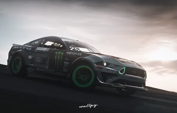 Picture Mustang, Ford, Microsoft, RTR, Monster Energy, game art, 2019, Forza Horizon 4, by Wallpy