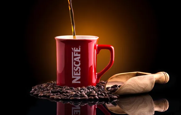 Picture reflection, background, coffee, mug, coffee beans, scoop, Nescafé