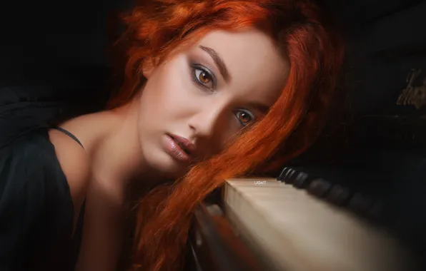 Picture look, girl, face, mood, hair, makeup, keyboard, red, piano, piano, redhead, Alexander Drobkov-Light, Anastasiya Germanova