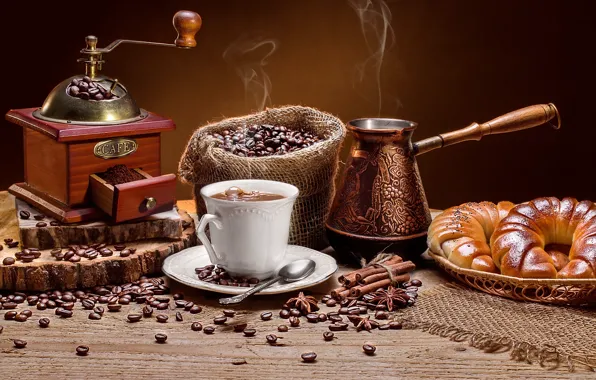 Picture coffee, grain, Cup, coffee, bun, Turk, coffee grinder