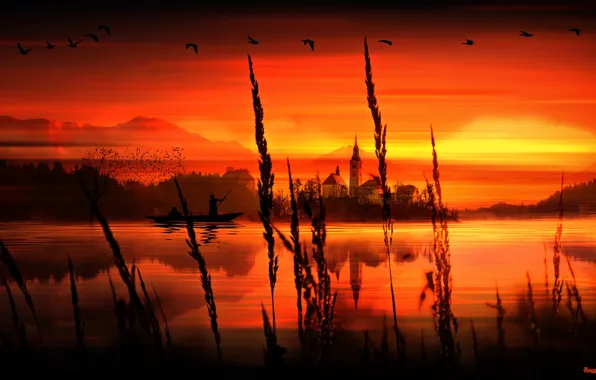 Picture Birds, Render, Water, Sunset, River, Lake, Boat, PHASES ARTS