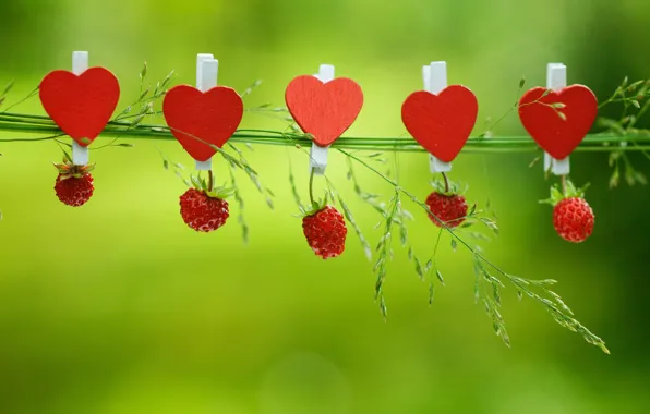 Picture berries, background, mood, strawberries, hearts, clothespins, grass