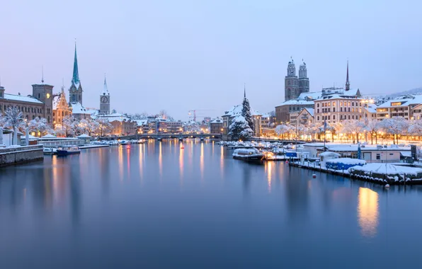Picture winter, river, building, home, Switzerland, pier, Switzerland, Zurich, Zurich, Limmat River, Река Лиммат
