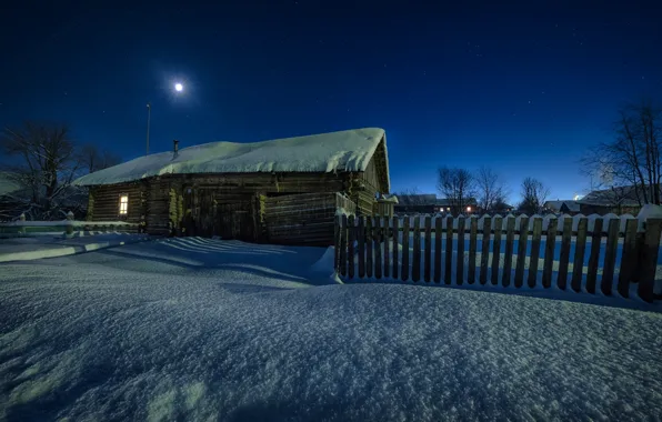 Picture winter, snow, landscape, night, nature, the fence, home, Perm Krai, Andrei, the village of Grigoryevskaya