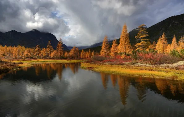 Picture autumn, clouds, trees, landscape, mountains, nature, lake, reflection, Kolyma, Maxim Evdokimov