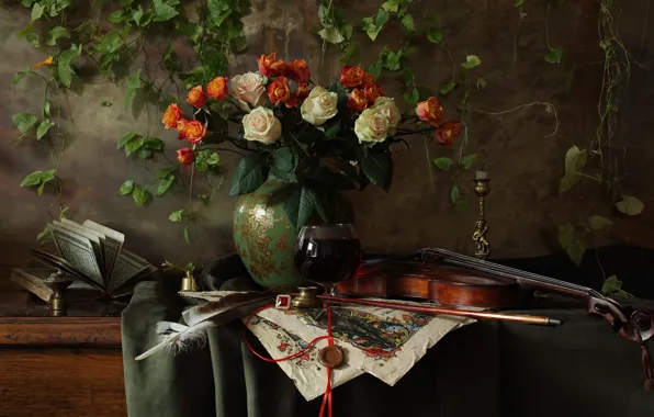 Picture flowers, style, pen, violin, roses, bouquet, book, vase, still life, bow, candle holder
