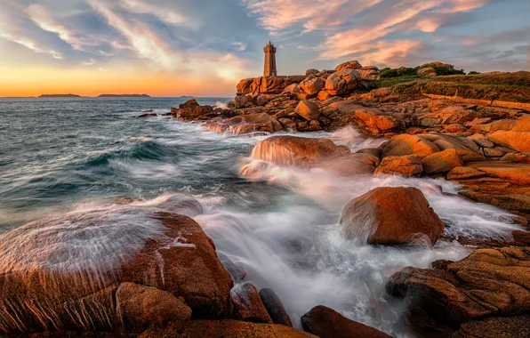 Picture stones, coast, France, lighthouse, Brittany, Ploumanach