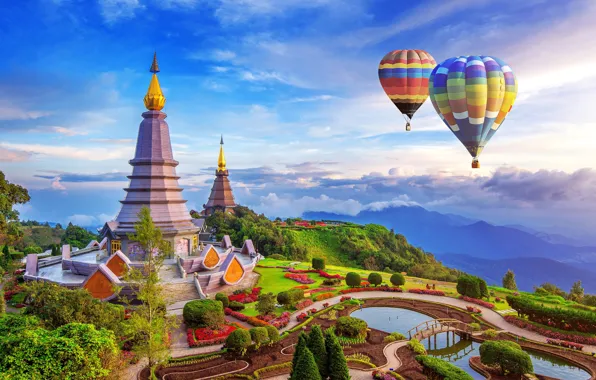 Picture clouds, landscape, nature, balloons, Thailand, pagoda, national Park, DOI Inthanon, Doi Inthanon