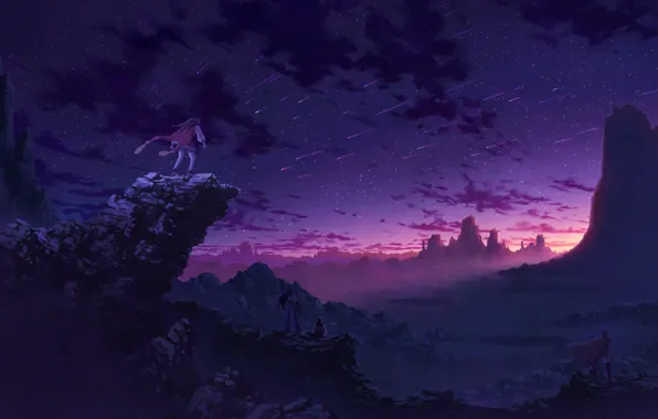 Picture sunset, mountains, rocks, anime, art, four, Starfall