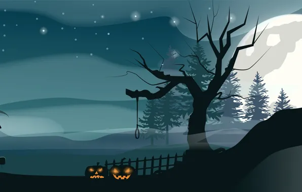 Picture Night, The moon, Castle, Pumpkin, Halloween, Halloween, Death, The full moon, Cemetery, Vector graphics, Мрачный …