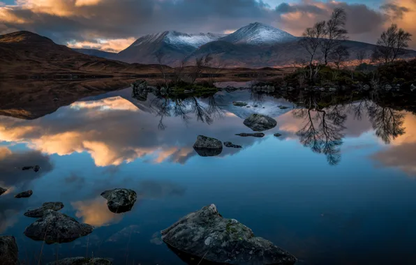 Picture trees, landscape, mountains, clouds, nature, lake, reflection, stones, Scotland, Rannoch Moor, Rannoch Moor