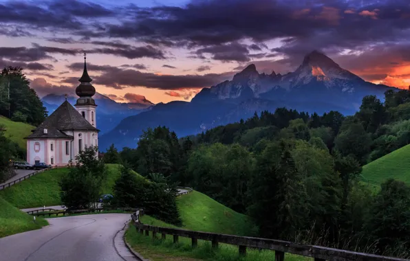 Picture road, trees, landscape, sunset, mountains, nature, Germany, Bayern, Alps, Church, forest, Berchtesgaden, Berchtesgaden, Watzmann