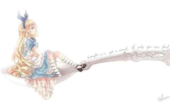 Picture spoon, bow, long hair, Alice in Wonderland, apron, alice, alice in wonderland, blue dress, striped …