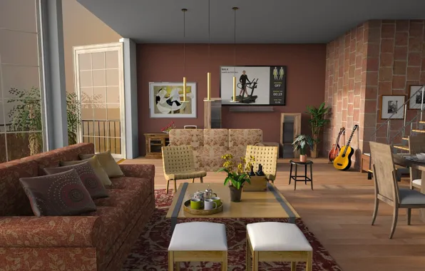 Picture design, table, room, sofa, chairs, interior, picture, guitar, pillow, ladder, dishes, living room, stools
