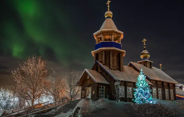 Picture winter, snow, landscape, holiday, new year, Christmas, Church, tree, Sergey Kaverin